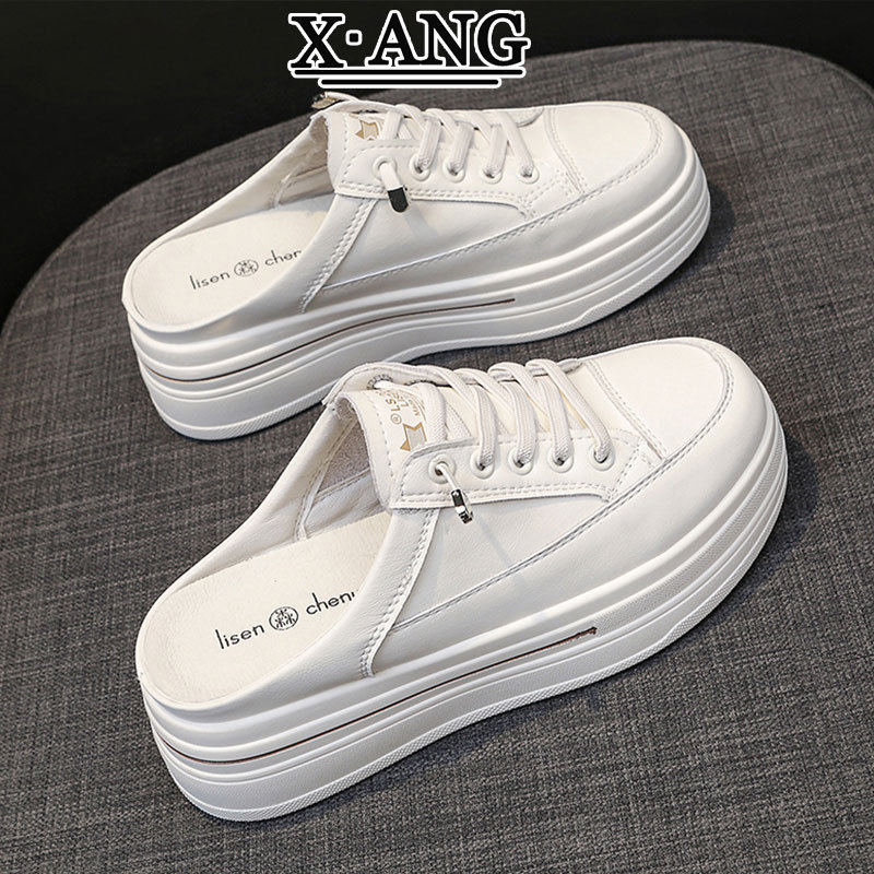 Genuine Leather Baotou Half Slippers for Women's Outer Wear 2025 Spring and Summer New Platform Thick Sole Heelless Lazy Flats Small White Shoes