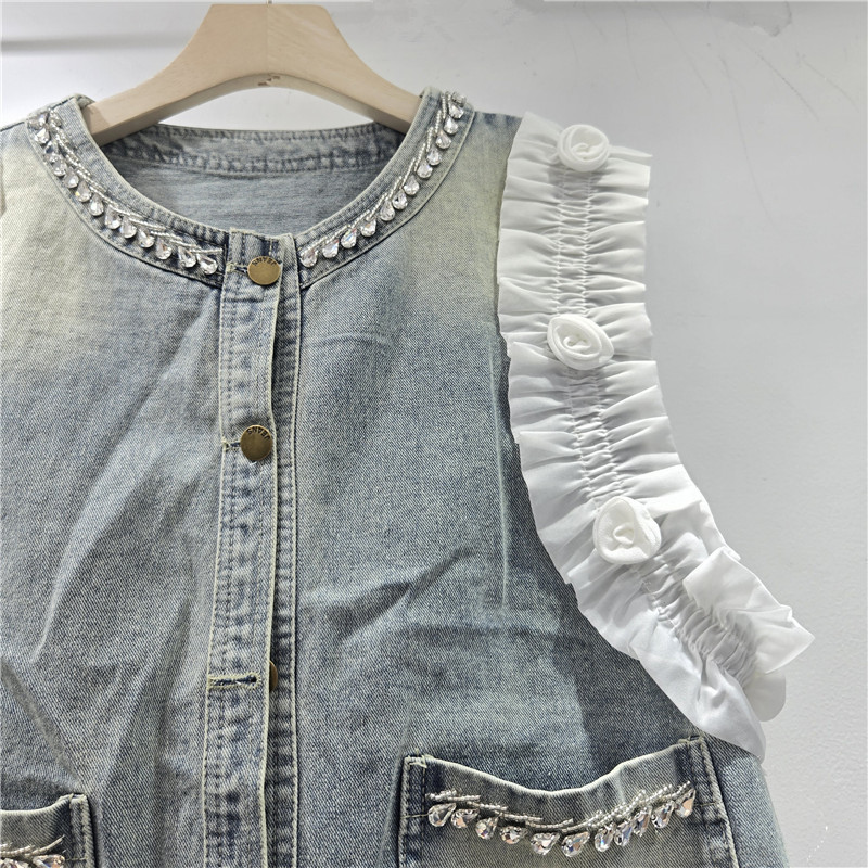 Flor francesa dulce tridimensional diseño de diamante chaleco de vaquero mujer primavera y verano nueva moda extranjera blusa versátil