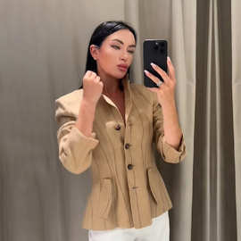 跨境女装2026秋季新款修身百搭气质风条纹单排扣口袋设计西装外套