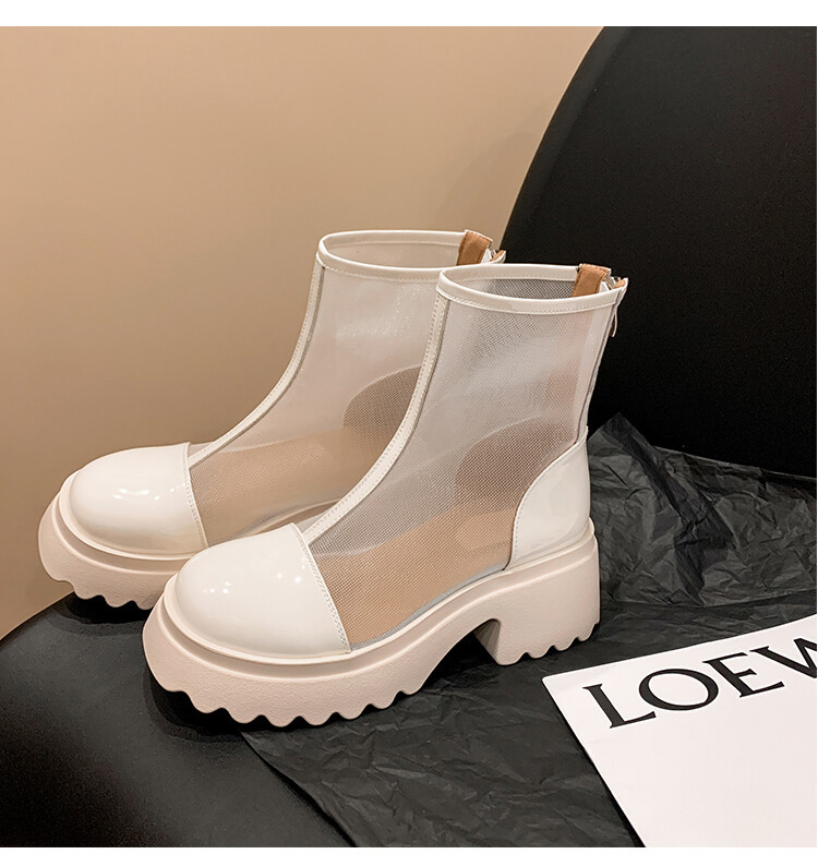 Boot ngắn nữ da thật vải lưới cao gót 6cm mùa hè phong cách Anh thoáng khí — Màu đen, Trắng be chi tiết 52