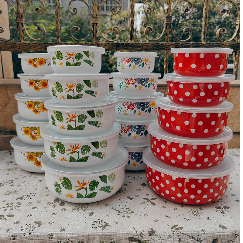 搪瓷珐琅带盖家用保鲜拌沙拉水果碗冰箱储存可叠放 5件套饭碗汤碗