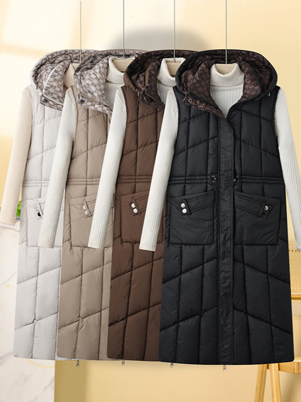 Cappotto gilet in cotone double face da donna – Piumino lungo e sottile invernale coreano, caldo capospalla reversibile (nero/bianco sporco/marrone/cachi, L-XXXL)_voghion.com