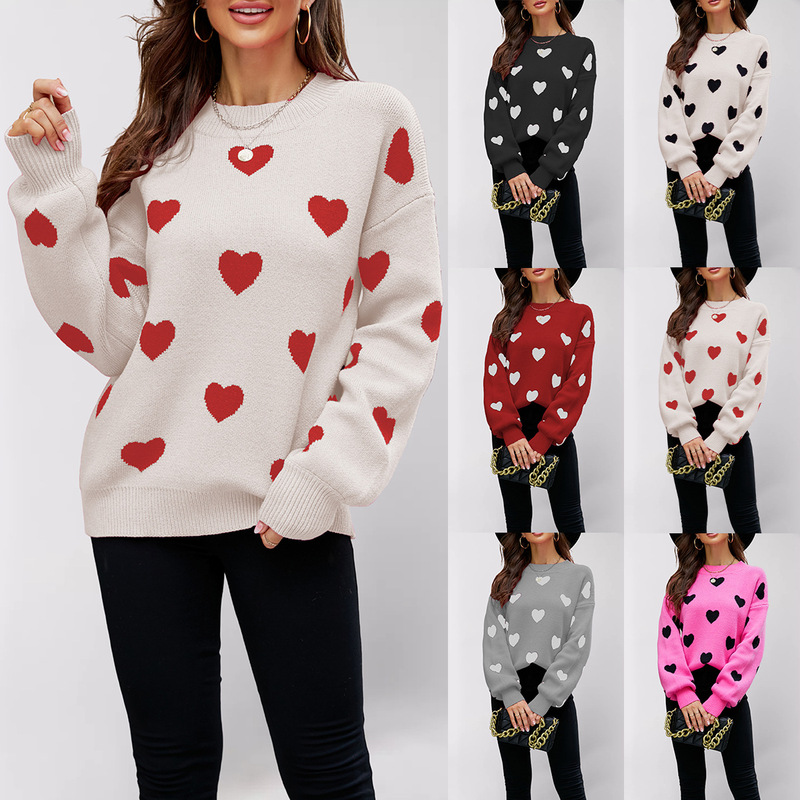 2026 Winter European and American New Valentine's Day Heart Pattern Pullover Women's Knitted Sweater Plus Size Loose Cross-Border Sweater for Women