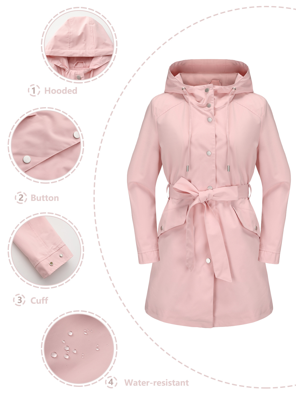 Women's Clothing Spring and Autumn Hooded Water Repellent Jacket with Belt Thin Casual Loose Windbreaker _voghion.com