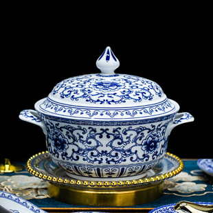 Jingdezhen Chinese Retro Ceramic Soup Pot High-grade 9-inch Ruyi Peony Fugui Pot with Lid Binaural Soup Pot