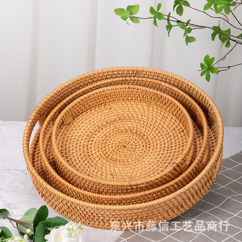 Vietnam tejido a mano de ratán paja bandeja de frutas cesta de frutas bandeja de té mango redondo creativo cesta de almacenamiento sala de estar