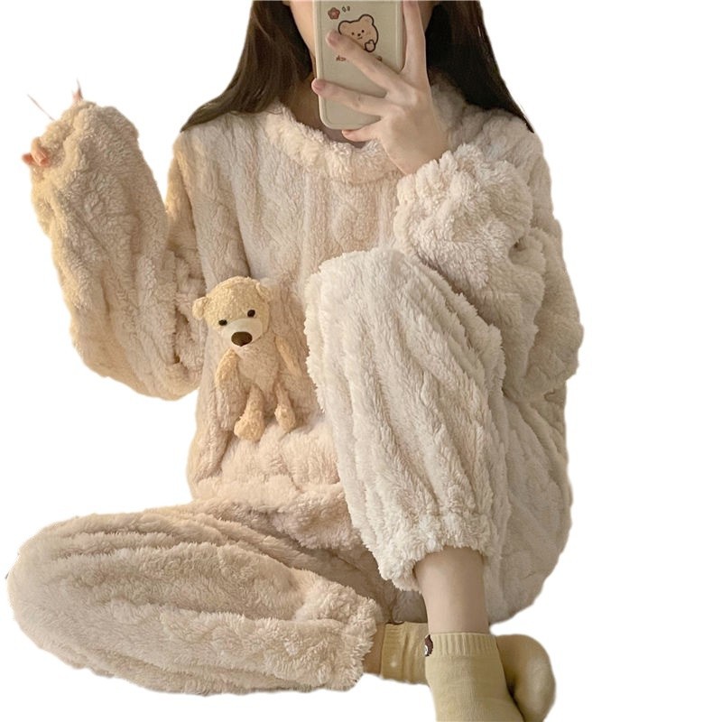 여성을위한 라이브 방송 인기 겨울 잠옷 여성을위한 긴팔 가을, 겨울 자카드 벨벳 따뜻한 가정복 달콤한 대학 스타일 투피스 세트