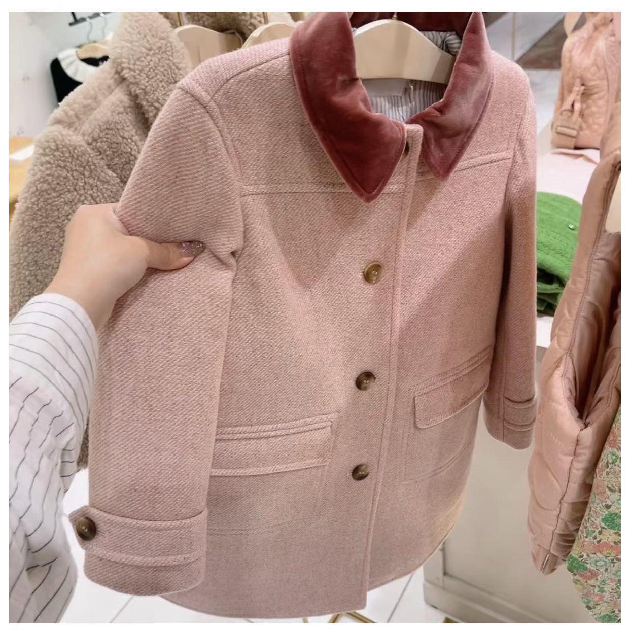 2025秋冬新款100-160女童粉色毛呢大衣儿童撞色翻领呢子外套洋气