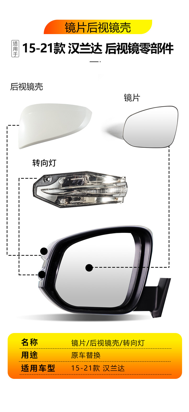 Suitable for 2015-2021 Toyota Highlander rearview mirror housing, reversing mirror cover, reflector lens, turn signal light