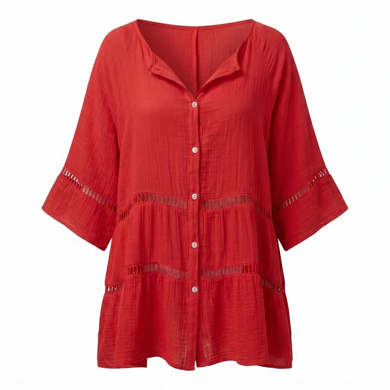 In-Stock Women's Three-Quarter Sleeve Cotton-Linen V-Neck Loose Buttoned Hollow-Out Plus-Size Top Dress In-Stock Women's Three-Quarter Sleeve Cotton-Linen V-Neck Loose Buttoned Hollow-Out Plus-Size Top Dress