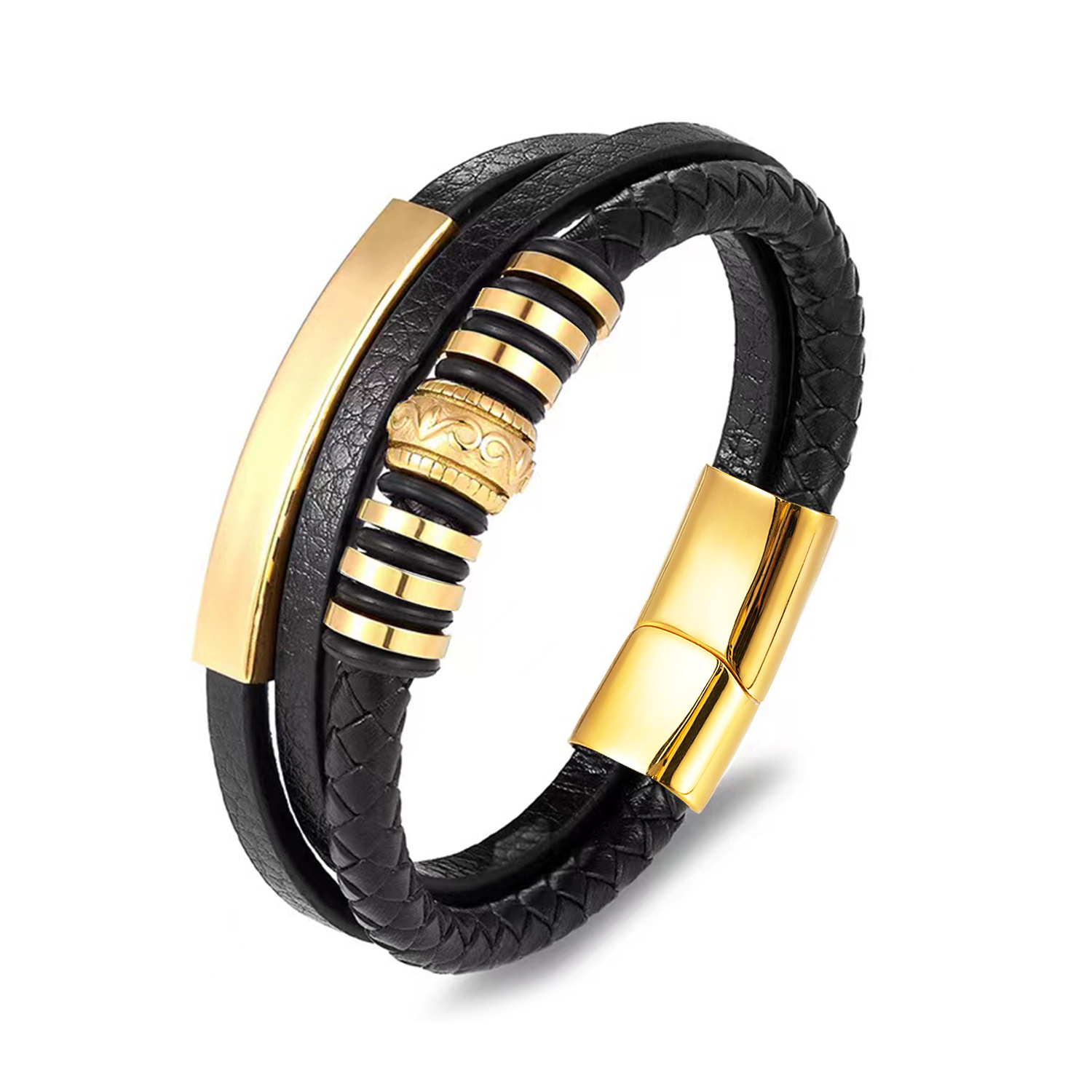 In Stock Wholesale European And American Style Stainless Steel Curved Tag PU Leather Woven Bracelet Men's Wristband_voghion.com