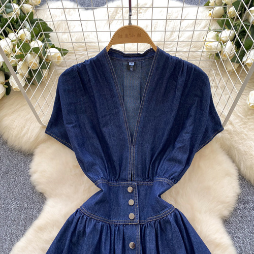JeanDress Women's Summer Deep V Neckbandage Belt Buttoned Tight Frock Bodice Casual Denim Skirt