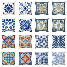 跨境新款蓝色主题简约图案印花抱枕套家居装饰几何曼达拉沙发靠垫