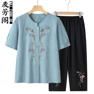 妈妈夏装棉麻套装女中老年人夏季洋气两件套妈妈开衫上衣老人衣服