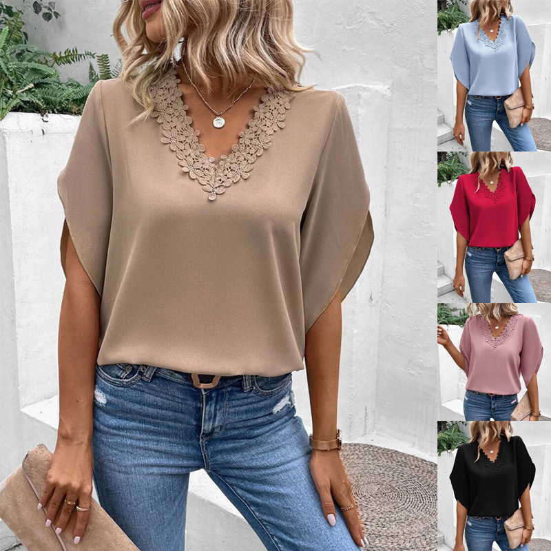 2026 European and American Amazon Cross-Border Women's Clothing Summer New Solid Color Lace V-Neck Bell Sleeve Loose Shirt Women's Top 2026 European and American Amazon Cross-Border Women's Clothing Summer New Solid Color Lace V-Neck Bell Sleeve Loose Shirt Women's Top