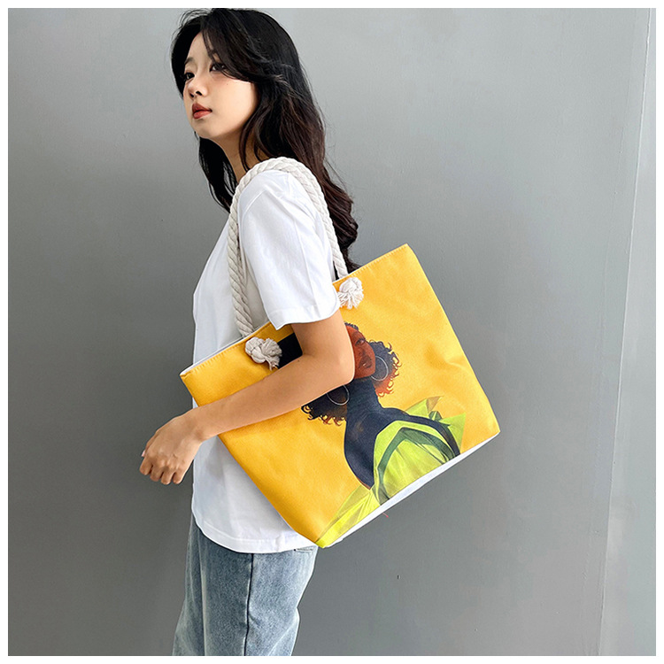 New cross-border tote bag, versatile women's portable shopping bag, creative women's printed aesthetic thick rope beach bag undefined