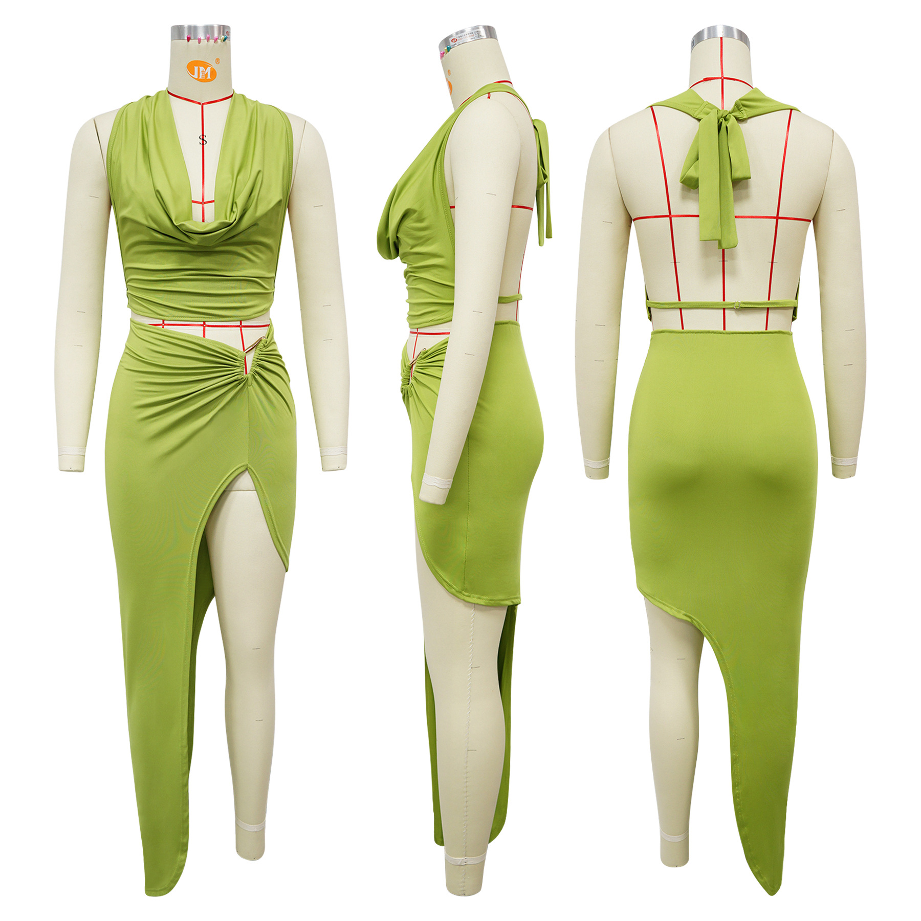 Women's Halter Neck Tuxedo Skirt Set Sexy High Slit Design_ecoleips.com