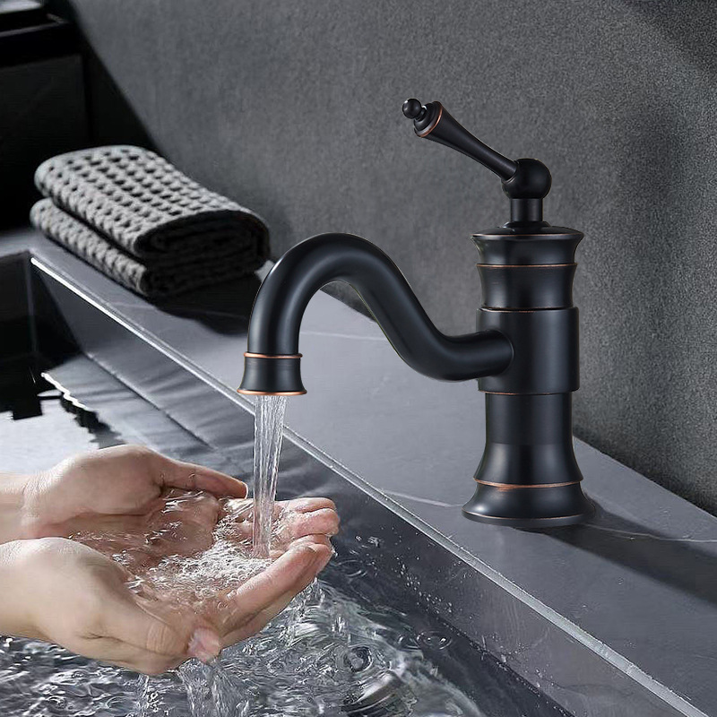 Copper antique faucet hot and cold 360 degrees rotating single cold wash basin bathroom table black splash-proof retro