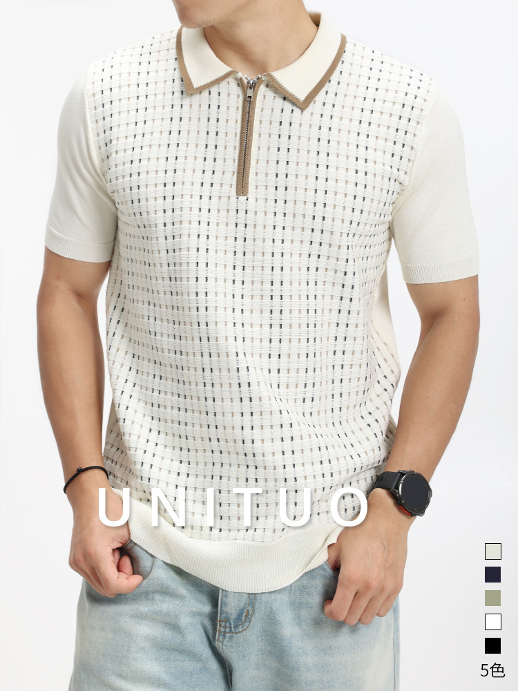 Europa y Estados Unidos transfronterizos hombres de alto nivel de hielo de seda de punto polo camiseta de negocios de moda casual con cuello camiseta de polo para hombres
