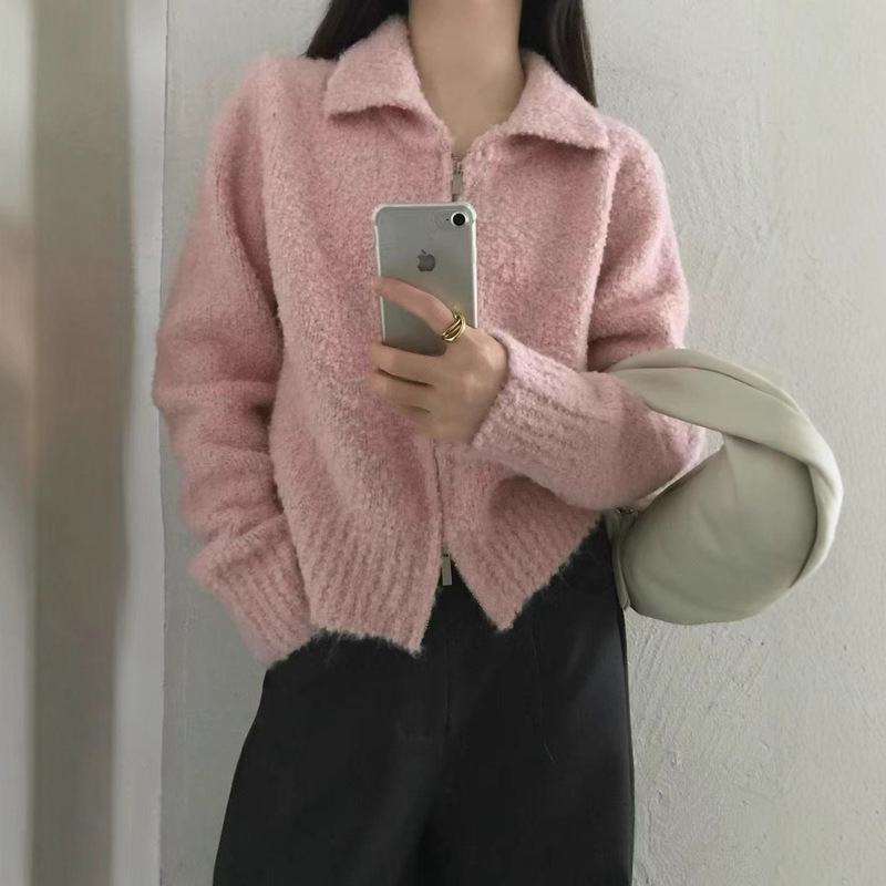 韩版圈圈毛翻领双拉链针织开衫女秋冬新款加厚短款宽松毛衣外套潮|undefined
