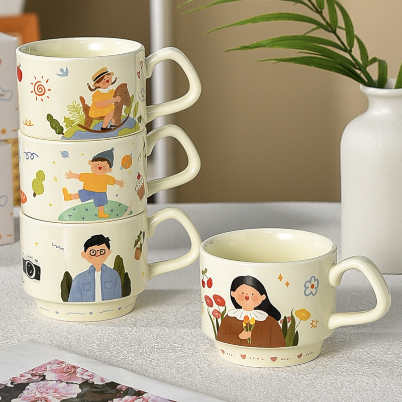 300ml 叠叠杯陶瓷马克杯喝水家用亲子杯一家四口杯子套装组合可爱|undefined