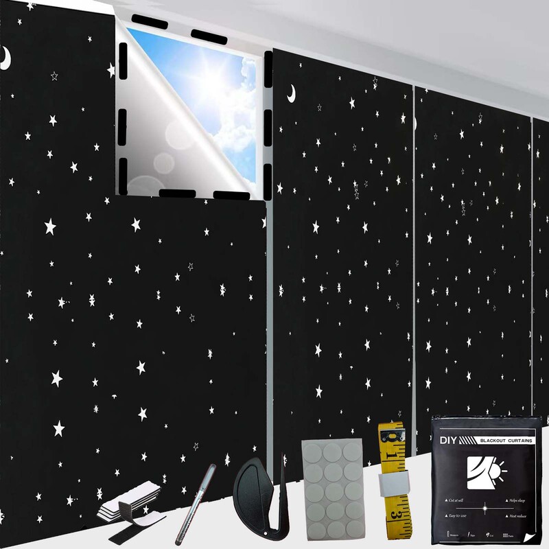 420D Star and Moon Pattern Cross-Border Travel Full Blackout Balcony Curtains, Punch-Free, Sun Protection, Portable, Upgraded Blackout