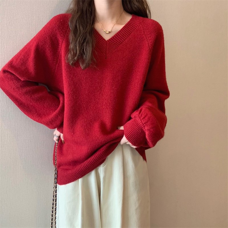 Irina High-grade V-neck Pink Sweater Women's Autumn and Winter Pullover Lazy Style Slim-fit Loose Knitted Base Top