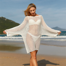 2023新款欧美针织长袖沙滩罩衫性感镂空海边度假防晒比基尼外罩衫