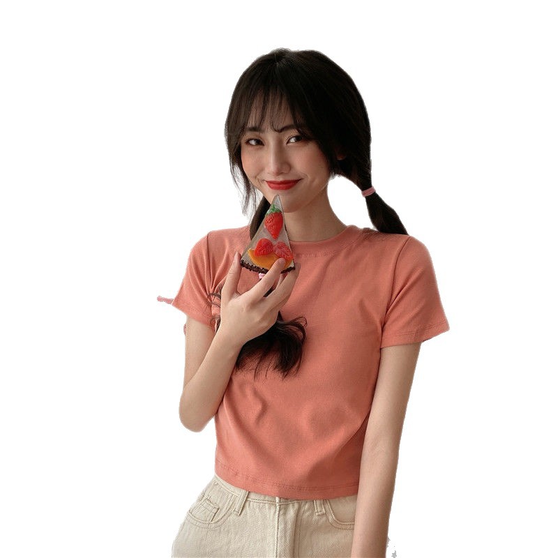 Camisetas de manga corta de color liso al por mayor para mujer, nuevo estilo verano 2026, súper populares en Instagram, tops cortos Hyuna color caramelo, tops de mujer a la moda. image 6