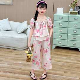 女童套装2026夏季韩版泡泡袖短袖衬衫裤子时尚两件套女孩夏天童装