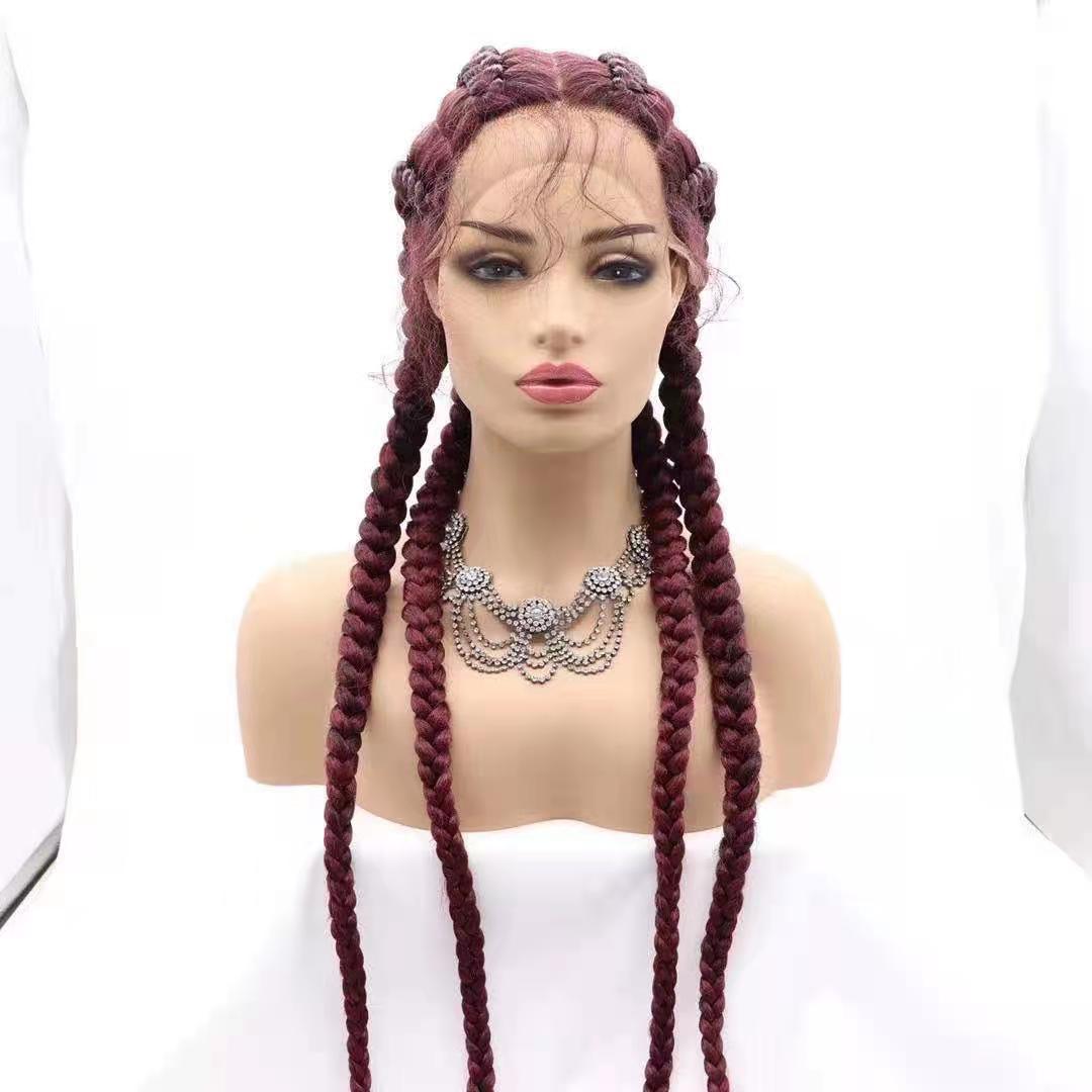 Europa y América de moda frente peluca de encaje cuatro trenzas de hueso de pescado trenzas de seda japonesa negra trenzada peluca LW0202