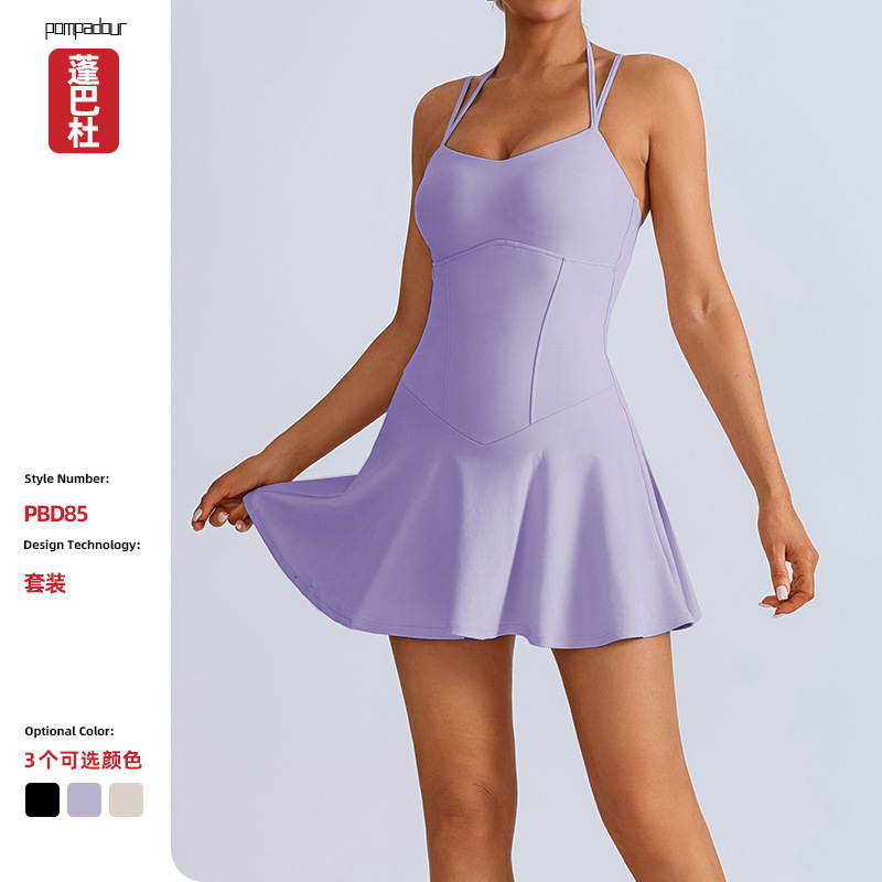 Falda de tenis de yoga con tirantes nude europea y americana transfronteriza, falda deportiva de golf de secado rápido, traje de una pieza de fitness anti-brillo