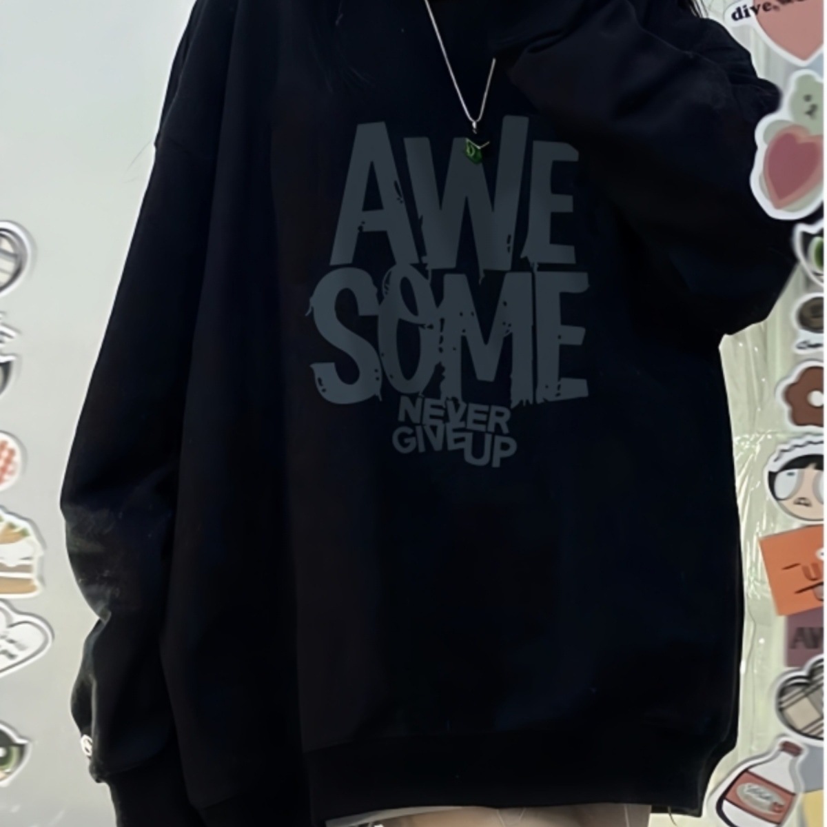 美式复古黑色圆领卫衣女春秋2025新款大码宽松中长款上衣