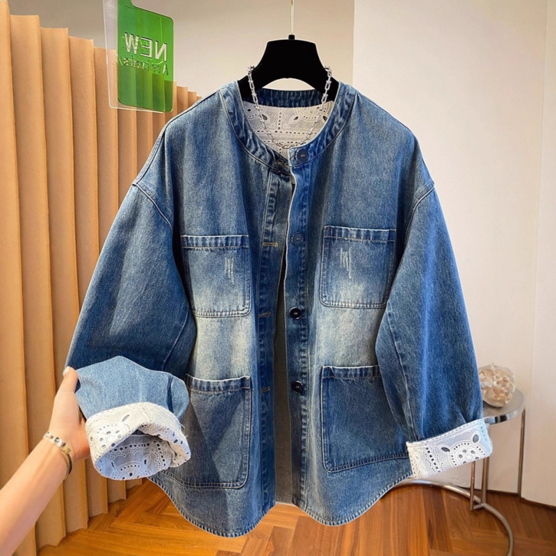 High-End Collarless Denim Jacket for Women Spring & Fall 2025 New Loose and Fashionable Lace Splicing Silhouette Round Neck Top