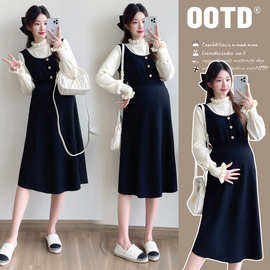 实拍现货 2025秋冬新款撞色假两件小香风荷叶领孕妇装打底针织裙