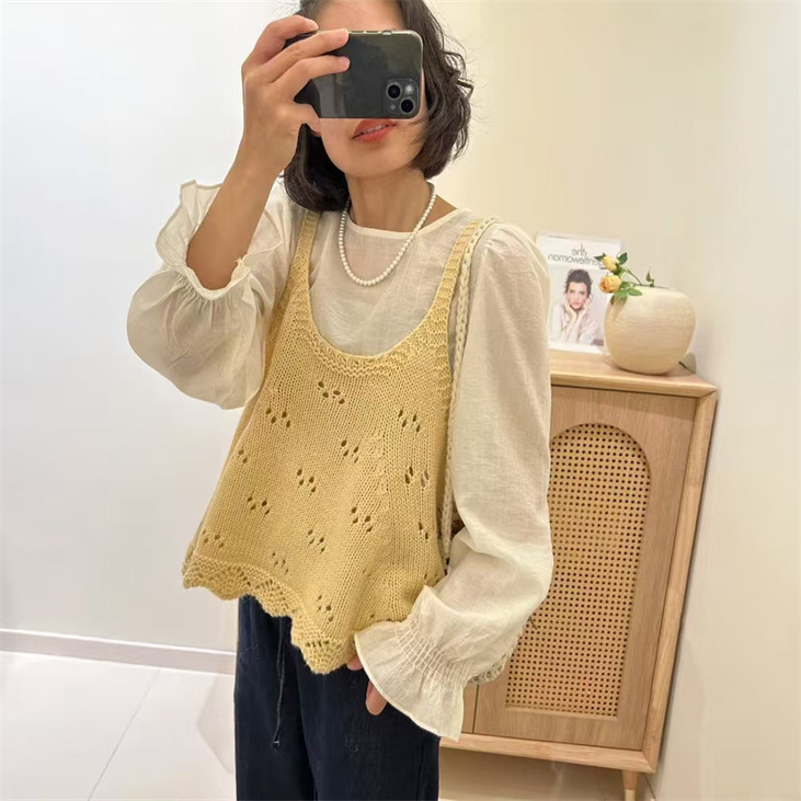 Chanel-Inspired Design Fairy-Style Hollow-Out Knit Camisole Vest, New Versatile Solid Color Layering Vest for Spring and Autumn