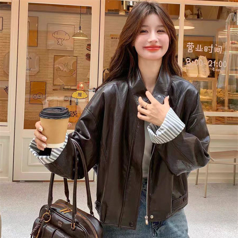Korean Design Spliced ​​Cuff Leather Jacket for Women 2026 Spring & Fall New Korean Style Slim and Versatile Jacket Top
