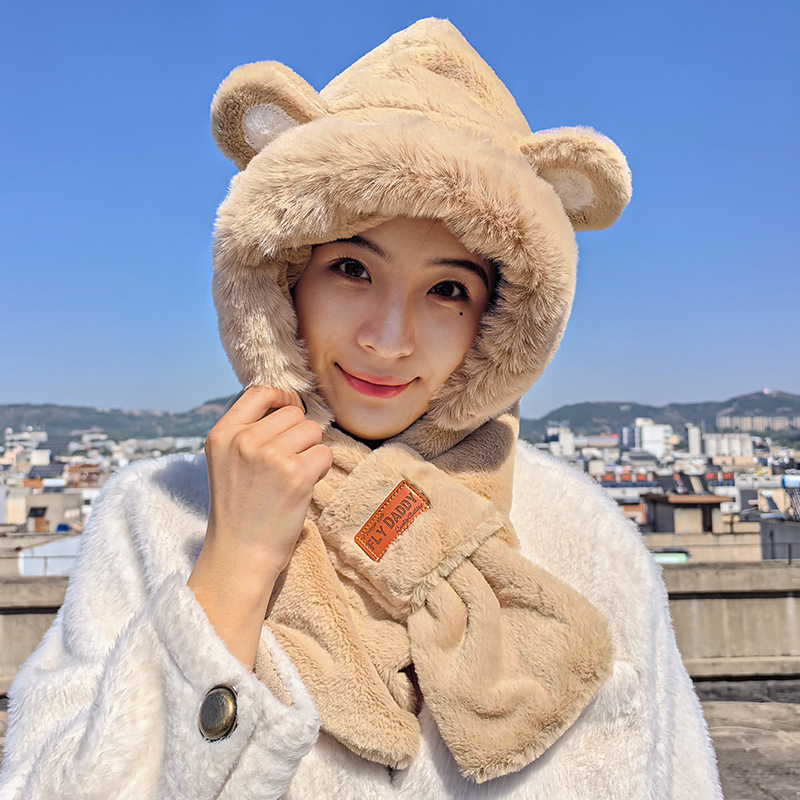 帽子围巾一体女冬天骑车防风帽防寒保暖百搭毛绒加厚围脖圆脸护耳|undefined
