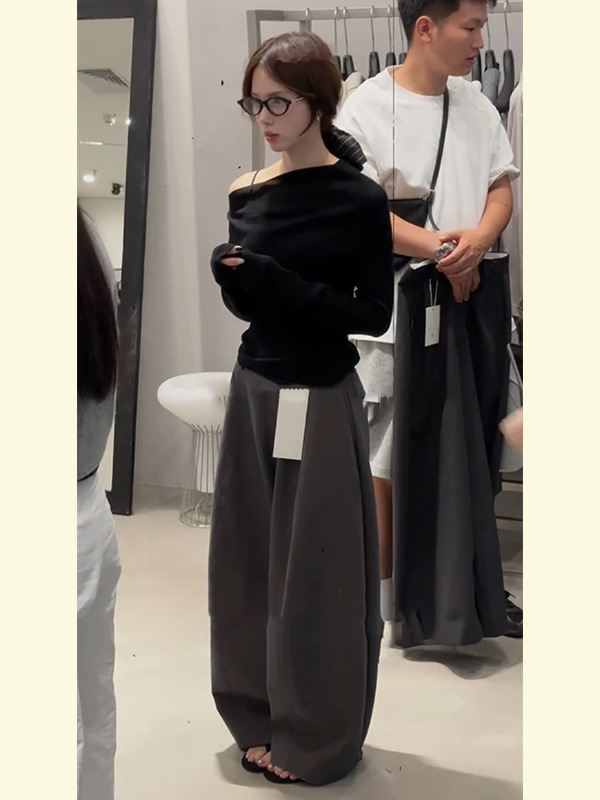 韩系穿搭小个子绝美漂亮休闲黑色斜领露肩长袖t恤裤子套装女秋季|undefined