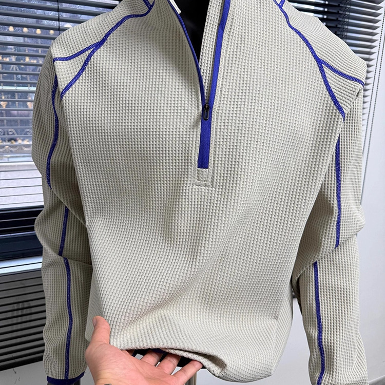 Blue Hasselblad Line Half-Zip Sports Sweatshirt Men's Autum American Right Shoulder Polo Shirt Waffle Long-Sleeved T-Shirt