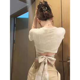 【广州面料】辣妹后背镂空绑带设计感短袖T恤夏季性感微透上
