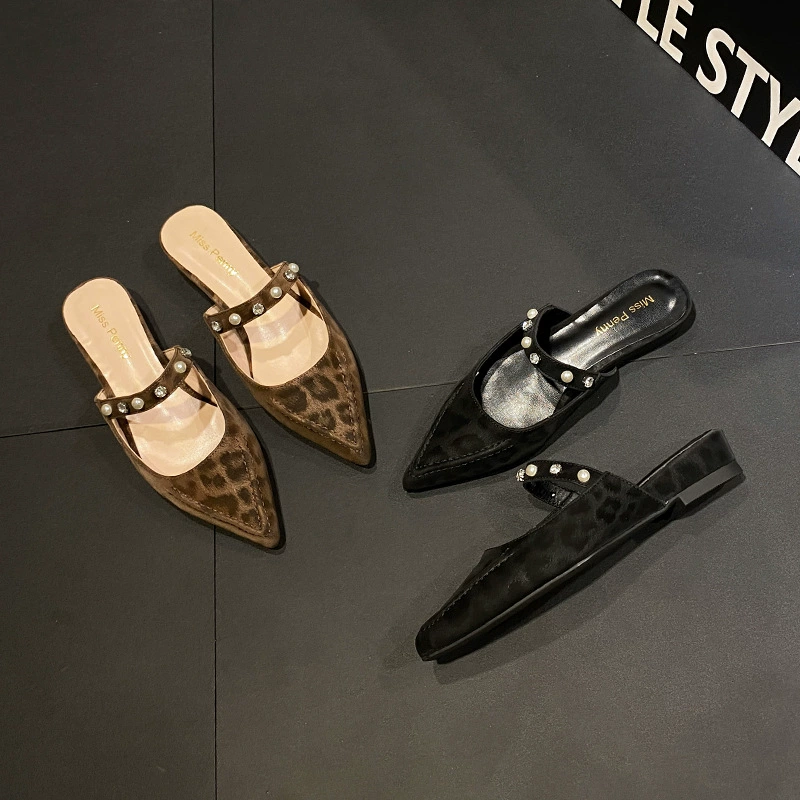 Туфли-лодочки с острым носком, леопардовый принт, жемчужные, на толстом каблуке, французский ретро стиль, универсальная обувь для весны и осени 2025 года
