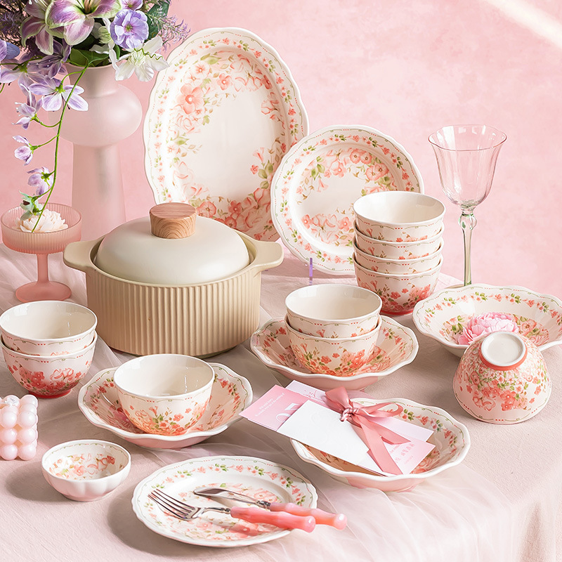 Small Fresh Pink Peach Blossom Ceramic Dishes Set Household High Temperature Underglaze Color Ceramic Rice Bowls Plates Tableware Complete Set