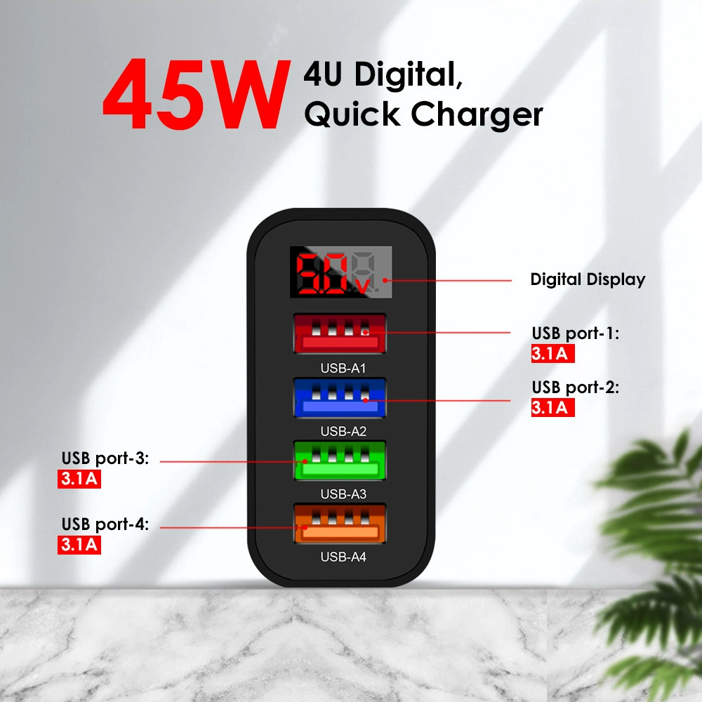 4 USB мультпортовый дисплей charger европейский, американский и британский 3.1A адаптер 45W четыре порта быстрая зарядка