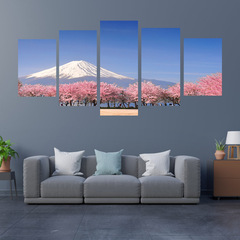 Cross-border new Fuji Mountain Sakura Five-panel Painting Core Living Room Background Wall Decor Framed Five-panel Painting