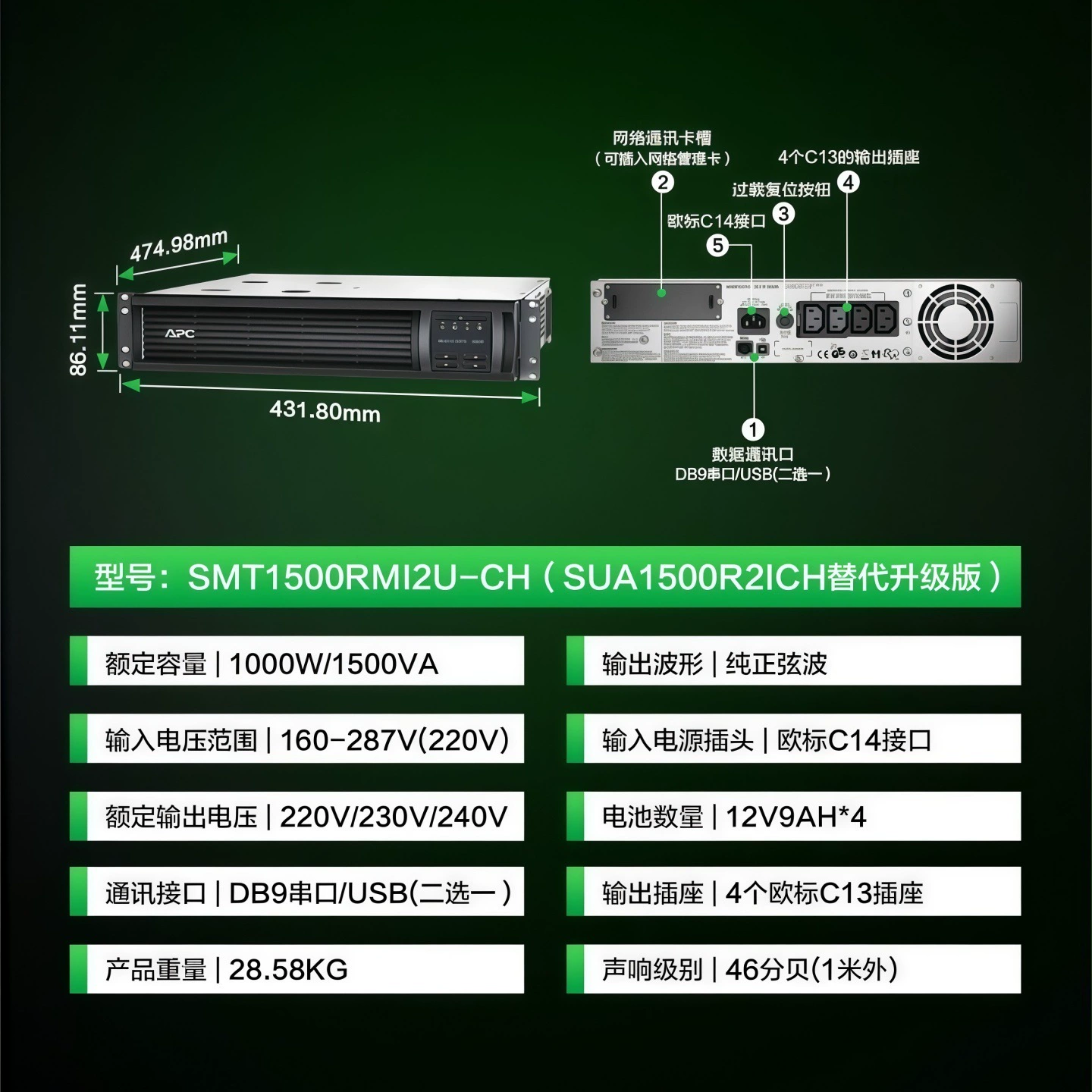 APC Schneider SMT1500RMI2U-CH онлайн интерактивный 1000W ИБП в rack-модуле непрерывное питание