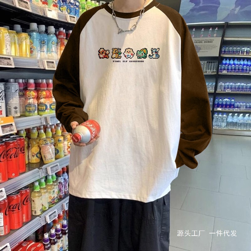 220g youth trendy color-block long-sleeve T-shirt for men, spring/autumn style, round neck, inner layer, printed raglan top 220g youth trendy color-block long-sleeve T-shirt for men, spring/autumn style, round neck, inner layer, printed raglan top