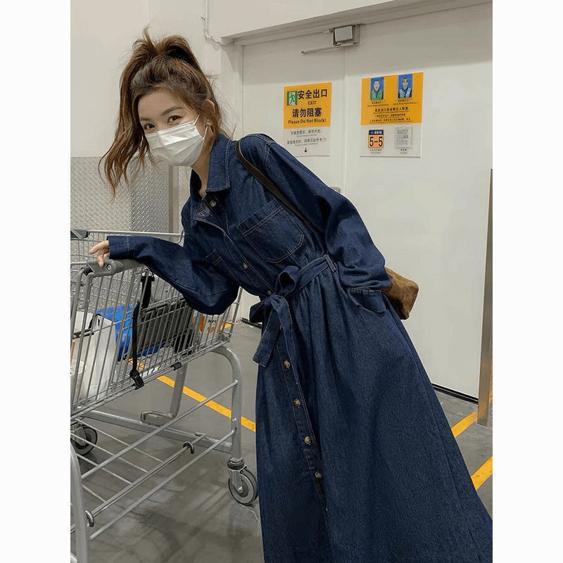 韩系牛仔连衣裙女2025春秋新款收腰显瘦洋气复古过膝长袖高腰裙子|undefined