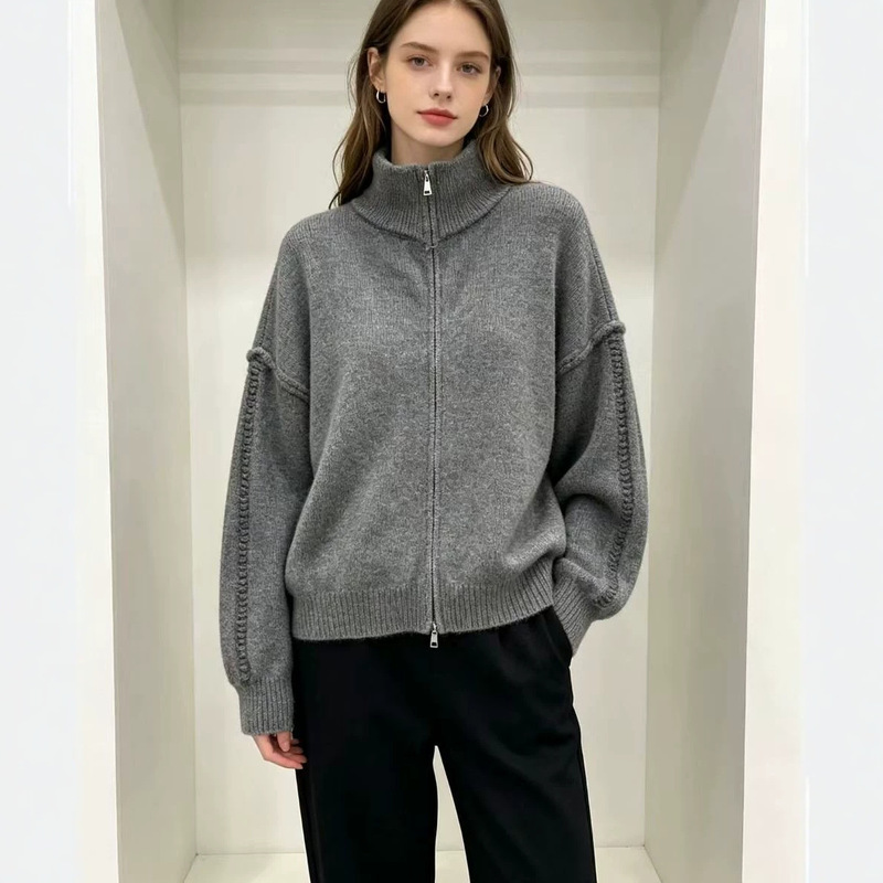 New autumn and winter double-zipper sweater coat for women, thick Korean-style stand-up collar, casual design, short knit cardigan New autumn and winter double-zipper sweater coat for women, thick Korean-style stand-up collar, casual design, short knit cardigan