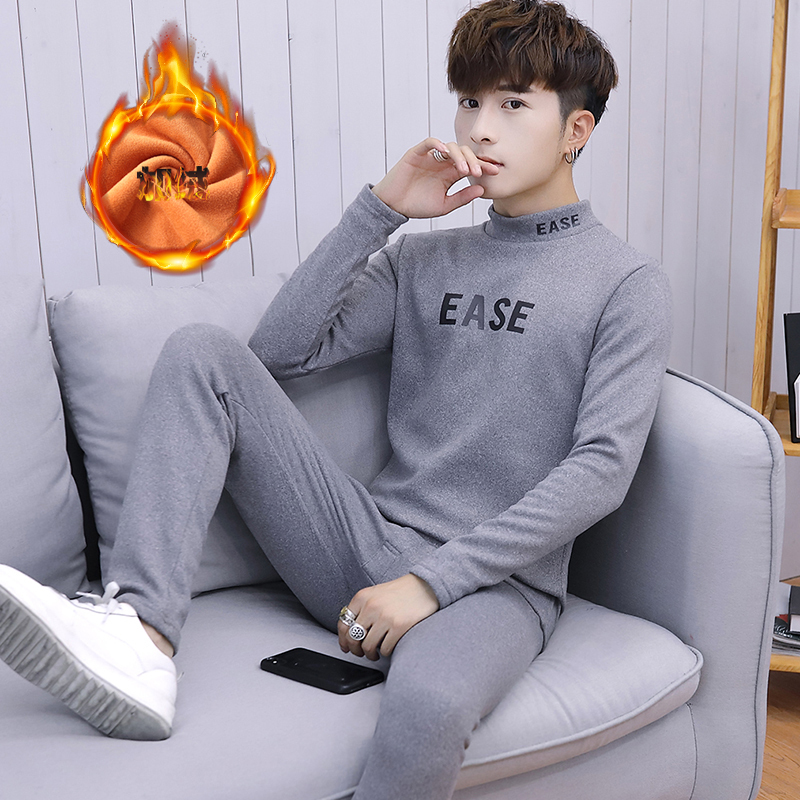 Winter Men's Thermal Underwear suit fleece-lined Thickened Cold-proof Half-high Collar Autumn Clothes and Pants for Junior High School and High School Students